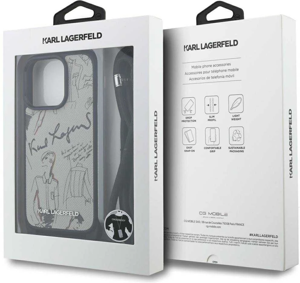 Karl Lagerfeld iPhone 16 Pro Max dėklas su grūdėtu raštu ir logotipu – pilkas