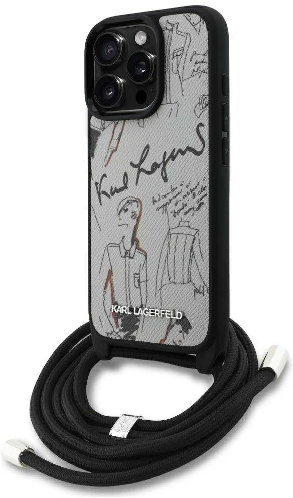 Karl Lagerfeld iPhone 16 Pro Max dėklas su grūdėtu raštu ir logotipu – pilkas