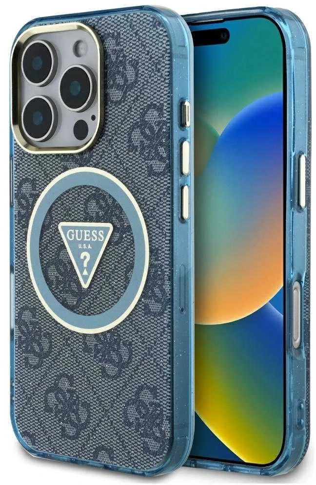 Guess IML Metal Glitter 4G Circle Triangle MagSafe dėklas, skirtas iPhone 16 Pro - Mėlyna