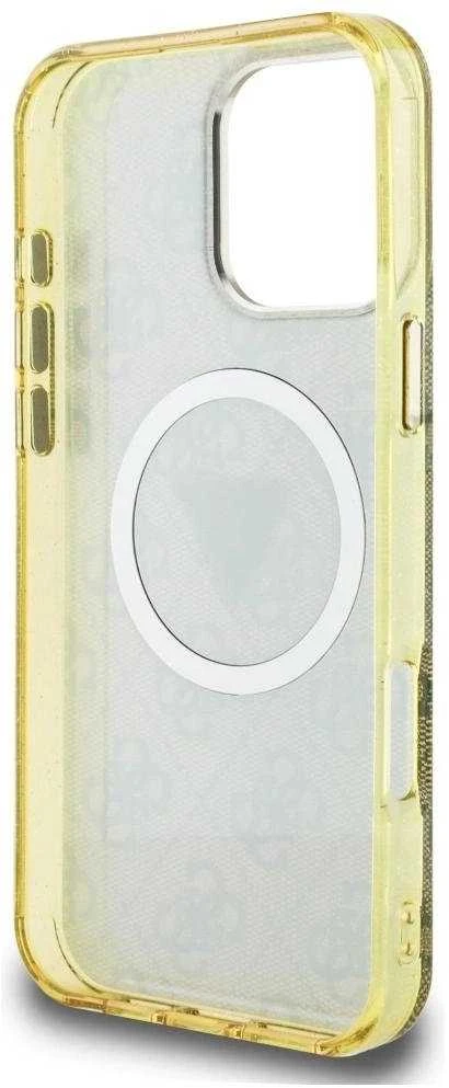 Dėklas Guess IML Metal Glitter 4G Circle Triangle MagSafe Phone 16 Pro rudos spalvos