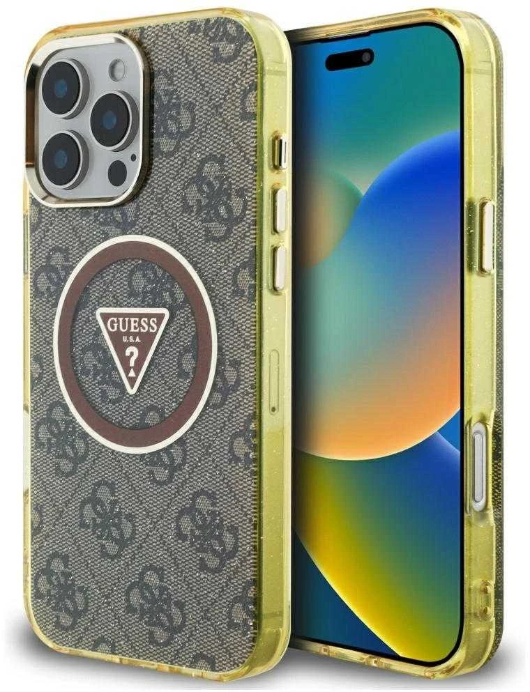 Dėklas Guess IML Metal Glitter 4G Circle Triangle MagSafe Phone 16 Pro rudos spalvos