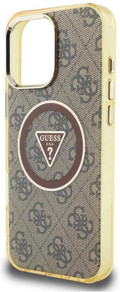 Dėklas Guess IML Metal Glitter 4G Circle Triangle MagSafe Phone 16 Pro rudos spalvos