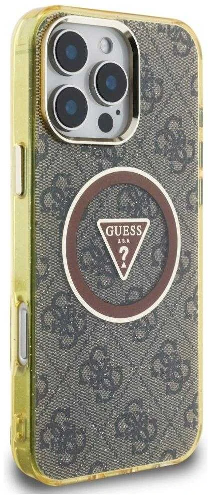 Dėklas Guess IML Metal Glitter 4G Circle Triangle MagSafe Phone 16 Pro rudos spalvos