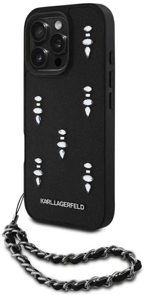Dėklas Karl Lagerfeld Karlo Lagerfeldo Saffiano kristalai su grandininiu iPhone 16 Pro dėklu – Juodas