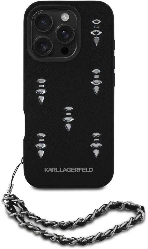 Dėklas Karl Lagerfeld Karlo Lagerfeldo Saffiano kristalai su grandininiu iPhone 16 Pro dėklu – Juodas