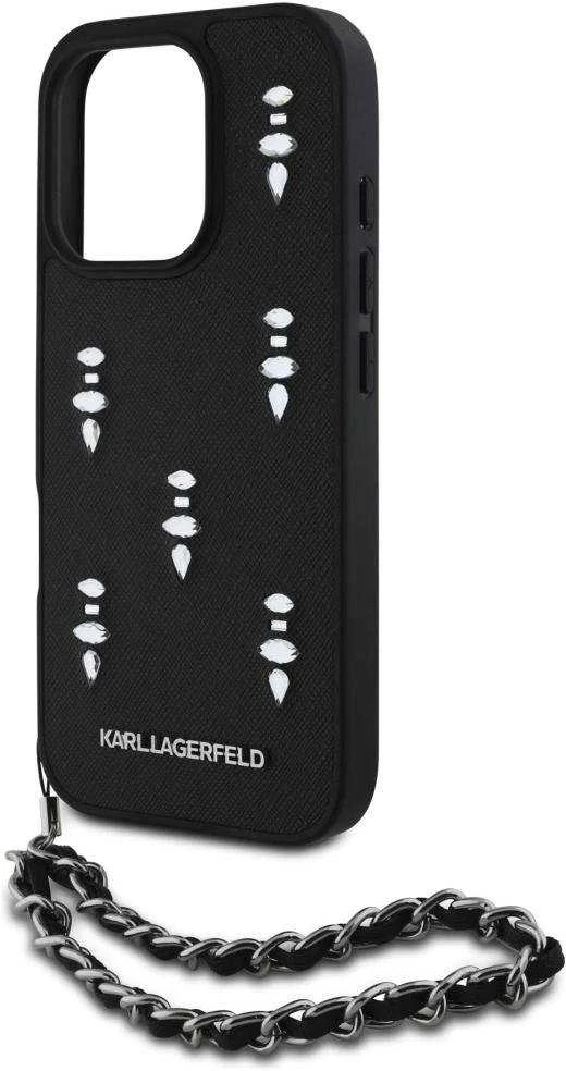 Dėklas Karl Lagerfeld Karlo Lagerfeldo Saffiano kristalai su grandininiu iPhone 16 Pro dėklu – Juodas
