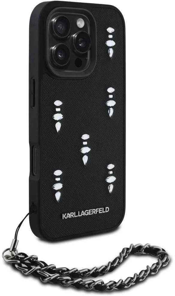Dėklas Karl Lagerfeld Karlo Lagerfeldo Saffiano kristalai su grandininiu iPhone 16 Pro dėklu – Juodas
