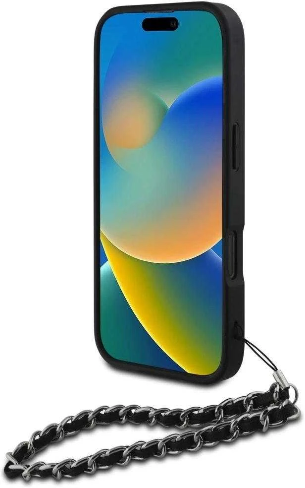 Dėklas Karl Lagerfeld Karlo Lagerfeldo Saffiano kristalai su grandininiu iPhone 16 Pro dėklu – Juodas
