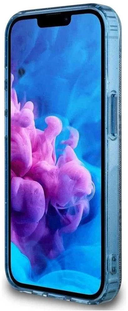 Guess IML Metal Glitter 4G Circle Triangle MagSafe dėklas, skirtas iPhone 16e - Mėlyna