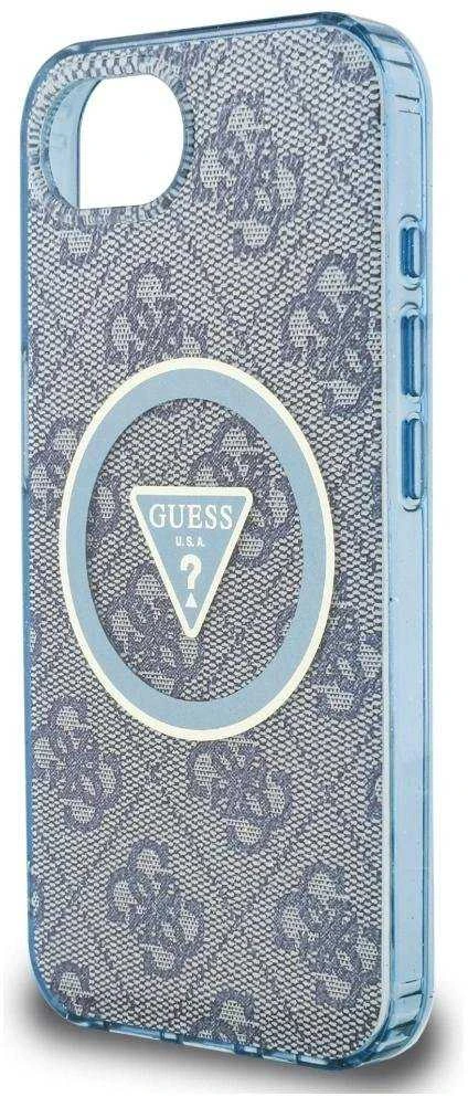 Guess IML Metal Glitter 4G Circle Triangle MagSafe dėklas, skirtas iPhone 16e - Mėlyna