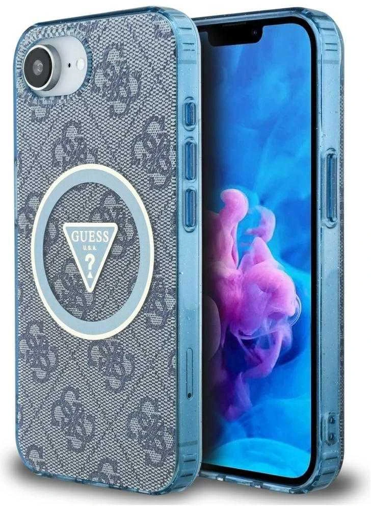 Guess IML Metal Glitter 4G Circle Triangle MagSafe dėklas, skirtas iPhone 16e - Mėlyna
