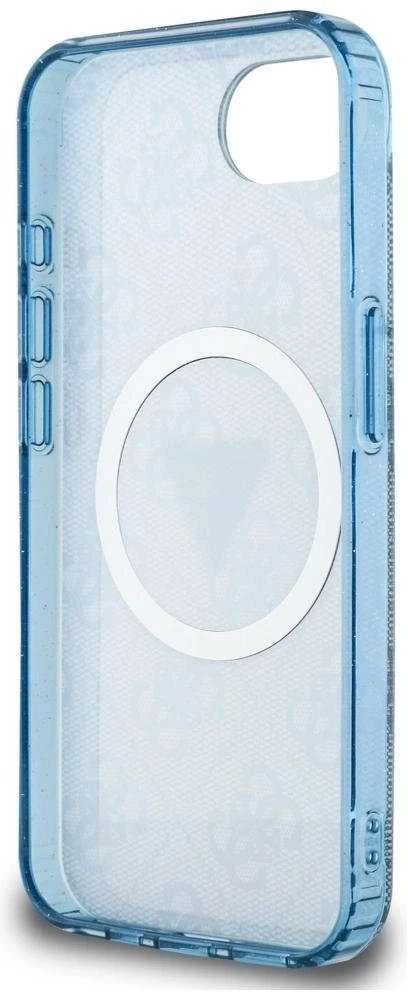 Guess IML Metal Glitter 4G Circle Triangle MagSafe dėklas, skirtas iPhone 16e - Mėlyna