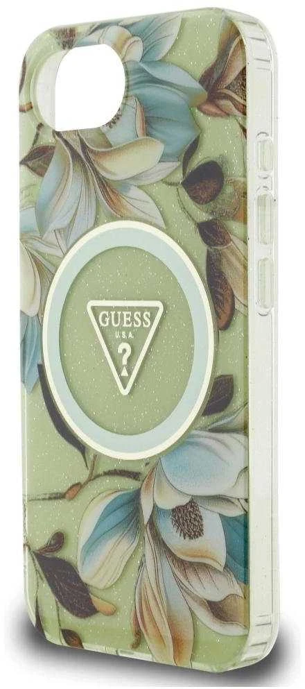 Guess IML Metal Glitter Flowers Triangle MagSafe iPhone 16e Dėklas - Žalias