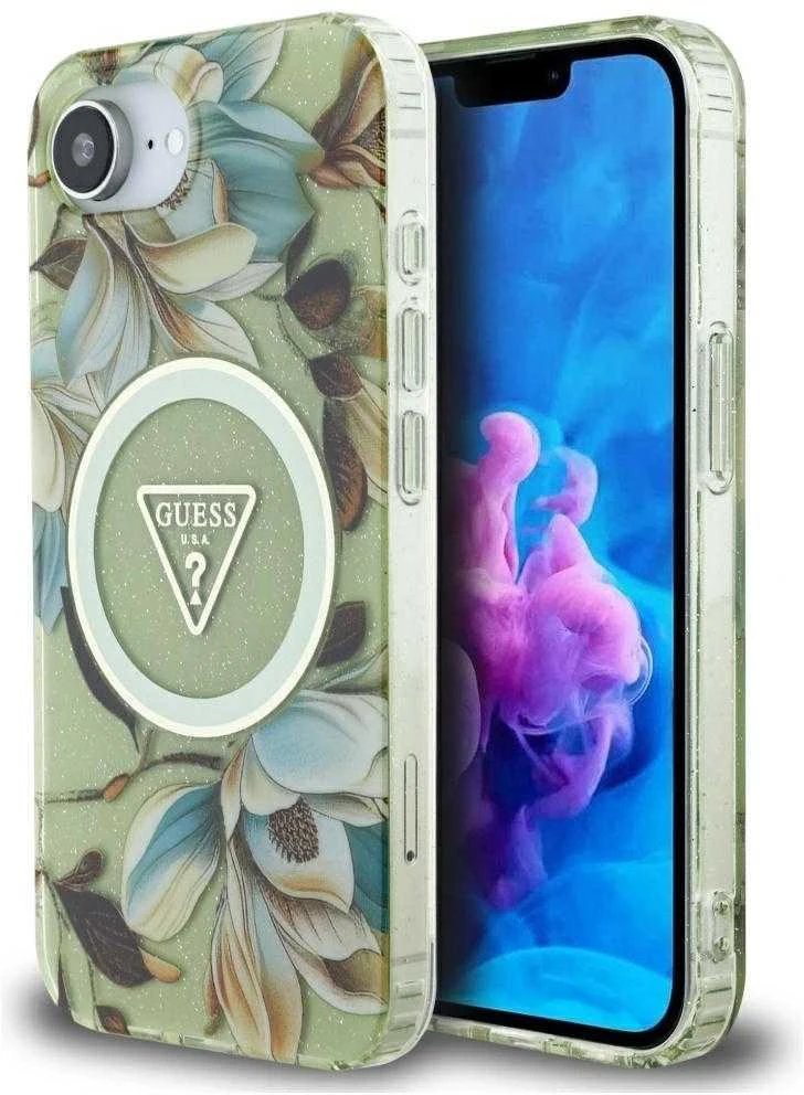 Guess IML Metal Glitter Flowers Triangle MagSafe iPhone 16e Dėklas - Žalias
