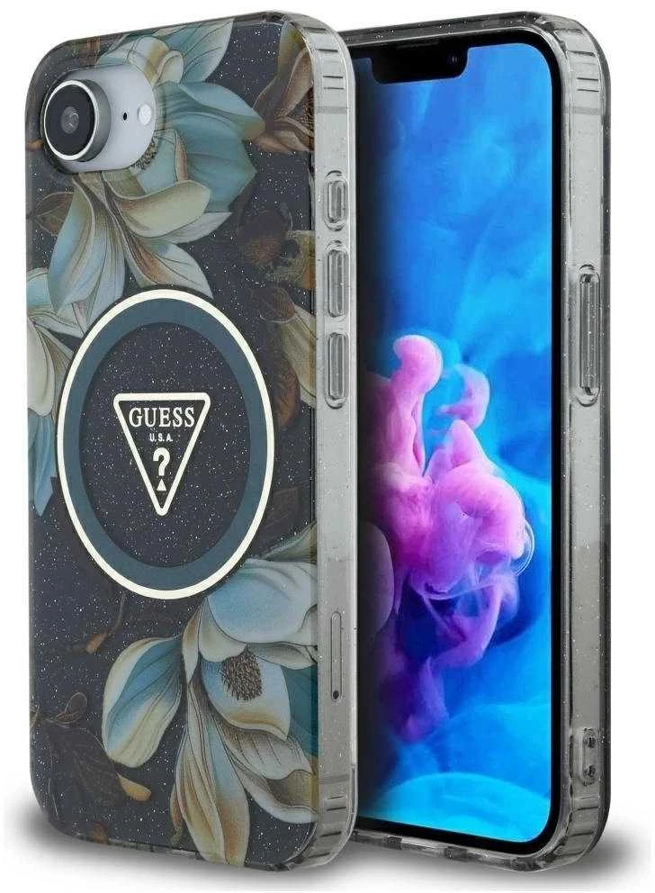 Guess IML Metal Glitter Flowers Triangle MagSafe dėklas iPhone 16e - juodas