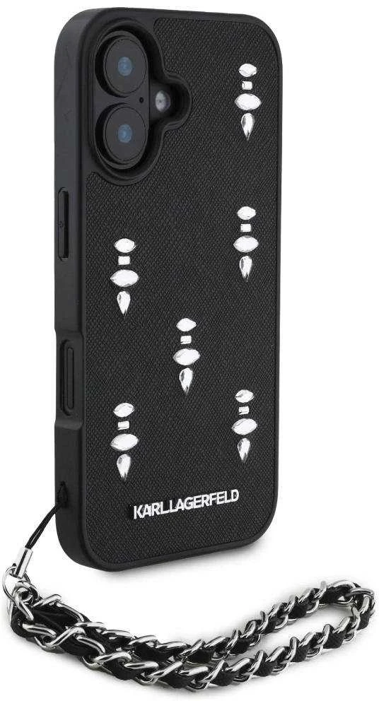 Dėklas Karl Lagerfeld Karlo Lagerfeldo Saffiano kristalai su grandinės iPhone 16 dėklu - Juodas