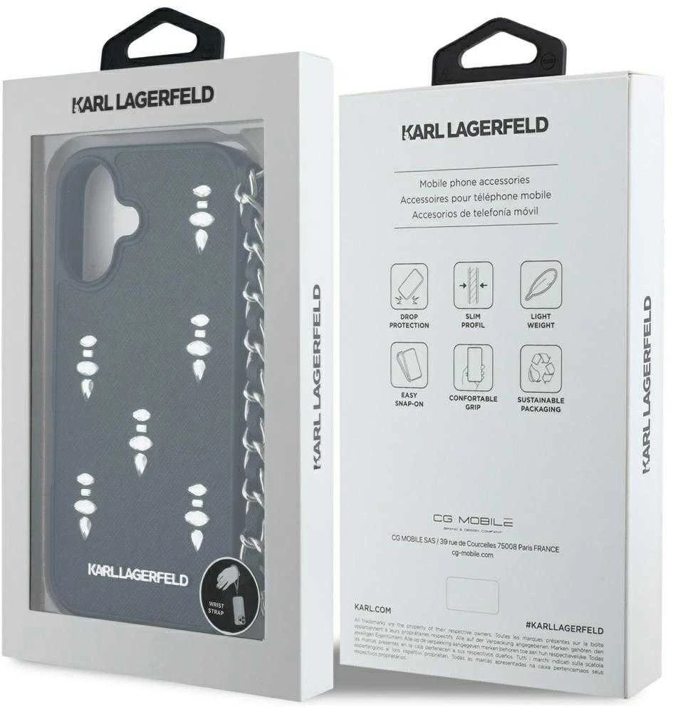 Dėklas Karl Lagerfeld Karlo Lagerfeldo Saffiano kristalai su grandinės iPhone 16 dėklu - Juodas