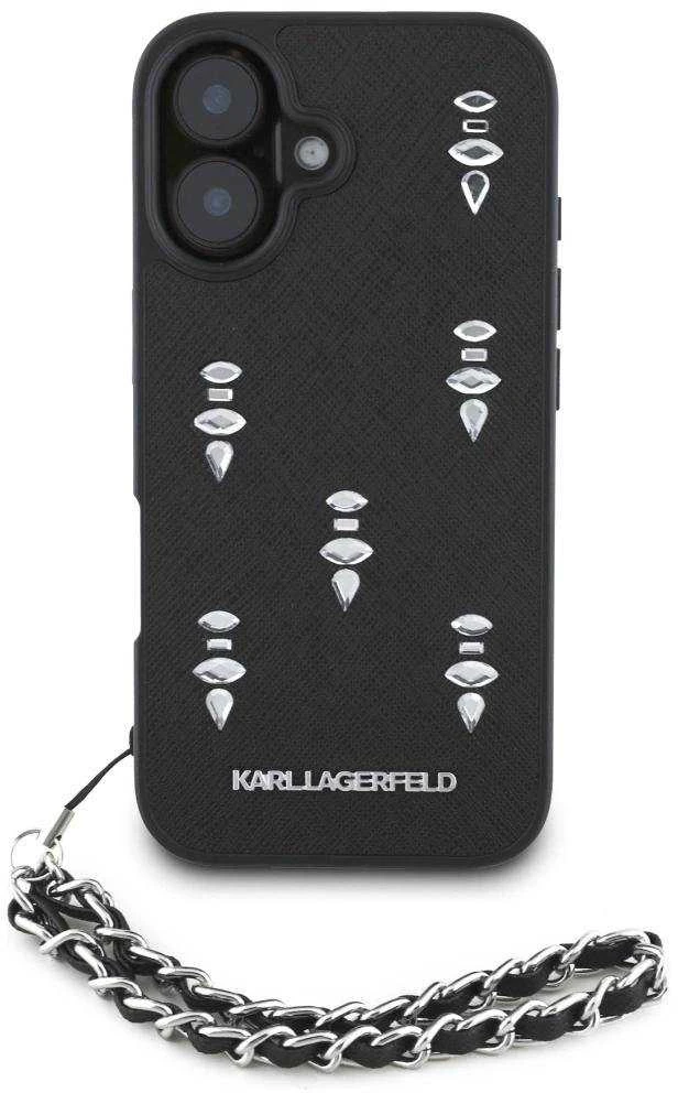 Dėklas Karl Lagerfeld Karlo Lagerfeldo Saffiano kristalai su grandinės iPhone 16 dėklu - Juodas