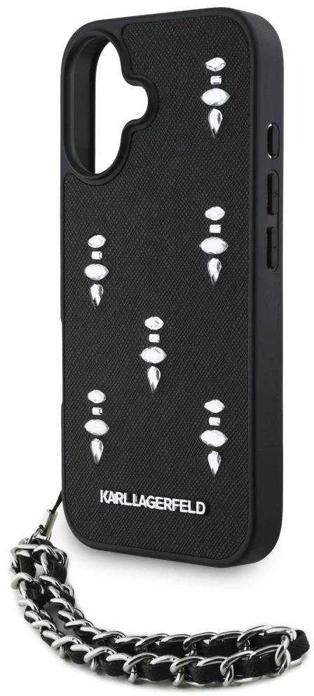 Dėklas Karl Lagerfeld Karlo Lagerfeldo Saffiano kristalai su grandinės iPhone 16 dėklu - Juodas