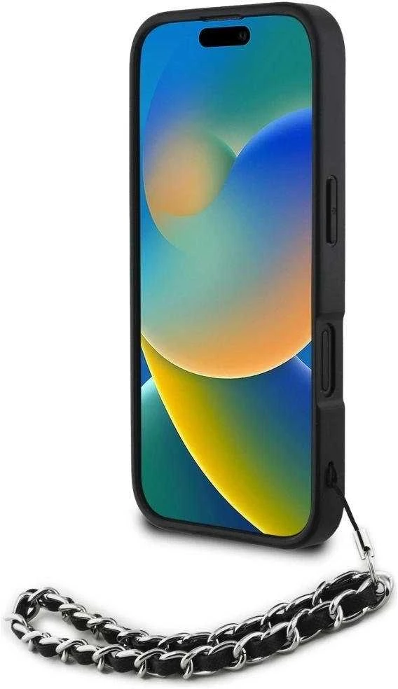 Dėklas Karl Lagerfeld Karlo Lagerfeldo Saffiano kristalai su grandinės iPhone 16 dėklu - Juodas