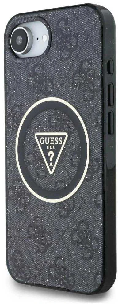 GUESS dėklas, skirtas IPHONE 16e (SE 4 2025) suderinamas su MagSafe GUHMPSE4HG4PRTGK (IML Metal Glitter 4G Circle Triangle) juodas