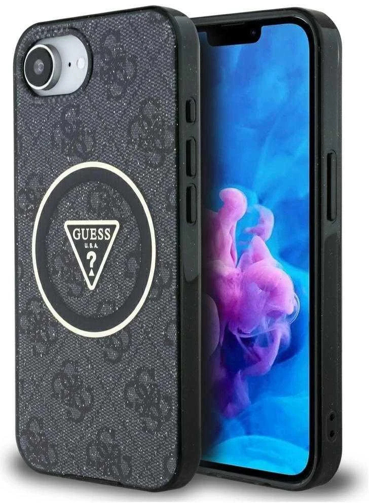 GUESS dėklas, skirtas IPHONE 16e (SE 4 2025) suderinamas su MagSafe GUHMPSE4HG4PRTGK (IML Metal Glitter 4G Circle Triangle) juodas