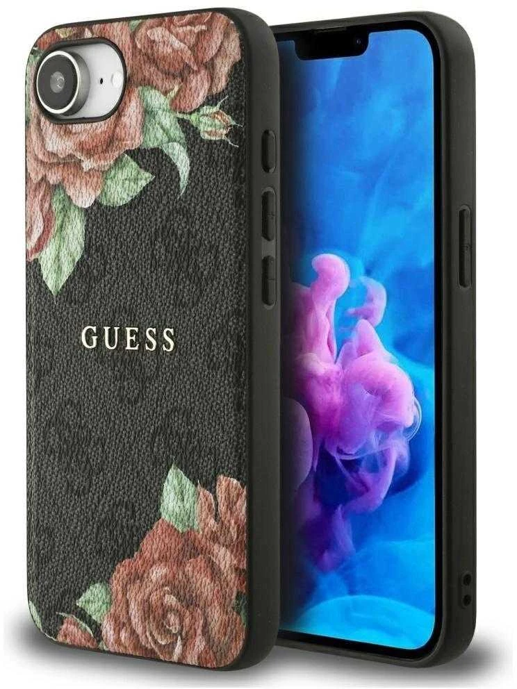 Guess 4G Flowers Print MagSafe dėklas iPhone 16e - juodas