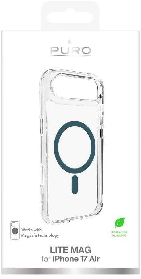 Puro Lite Mag TPU+PC dėklas suderinamas su MagSafe skirtas Apple iPhone 17 Air – skaidrus su turkio spalvos žiedu