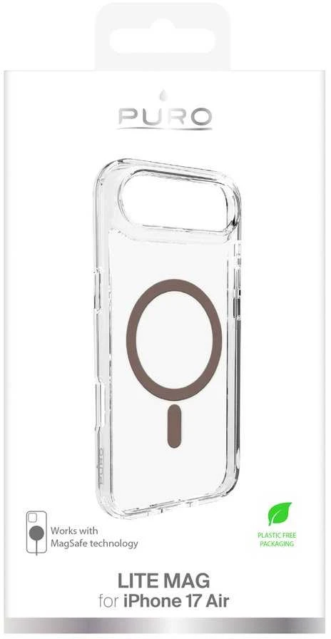Puro Lite Mag TPU+PC dėklas suderinamas su MagSafe skirtas Apple iPhone 17 Air – skaidrus su rudos spalvos žiedu