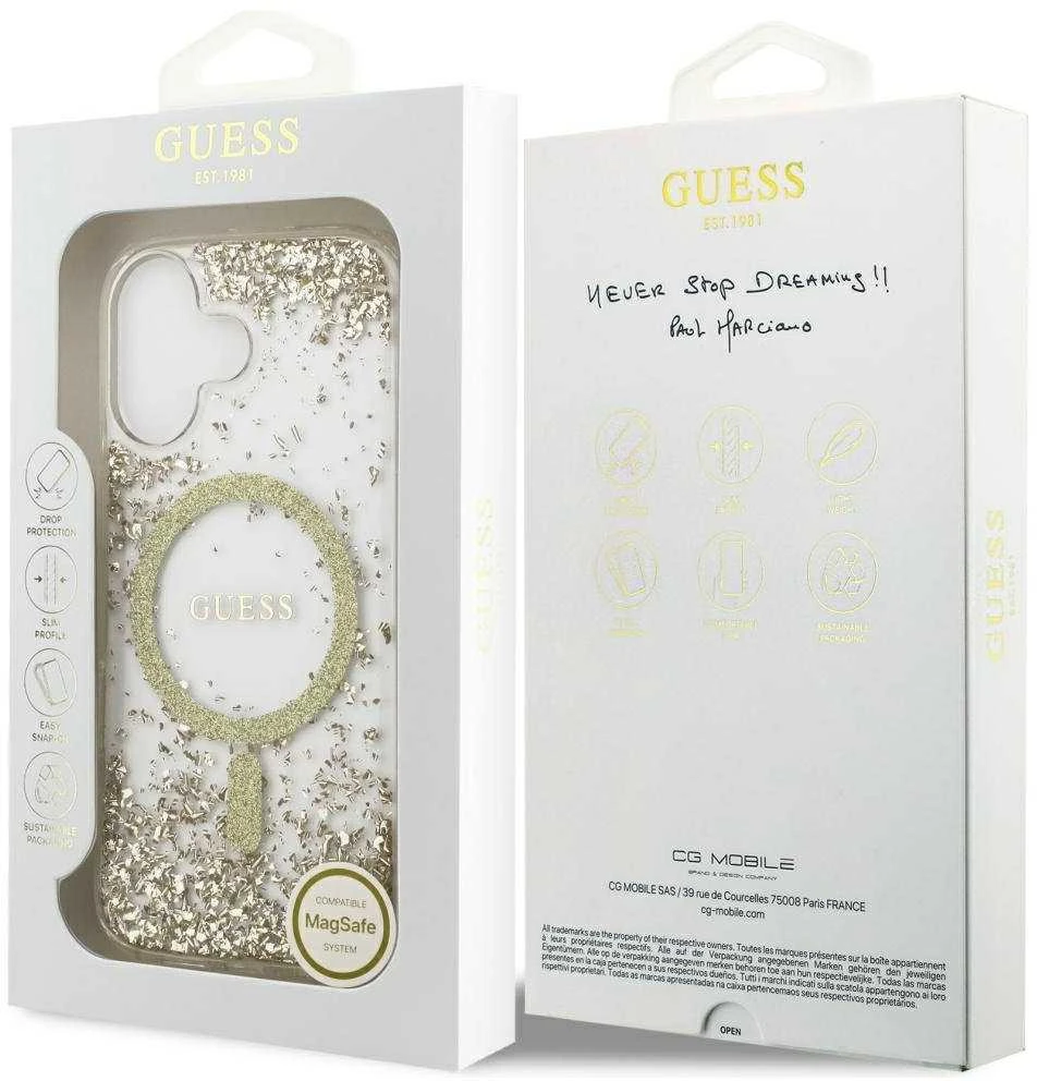 Original dėklas GUESS Resin Bottom Glitter MagSafe skirtas Apple iPhone 17 aukso spalvos