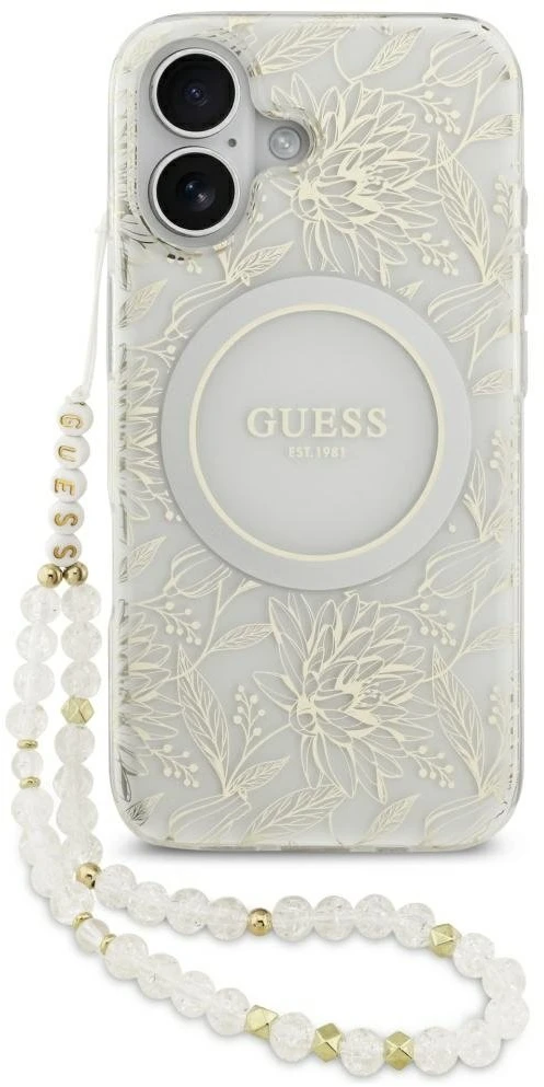 Guess IML Flowers Allover virvelė MagSafe dėklas skirtas Apple iPhone 17 baltos spalvos