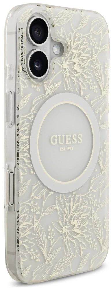 Guess IML Flowers Allover virvelė MagSafe dėklas skirtas Apple iPhone 17 baltos spalvos