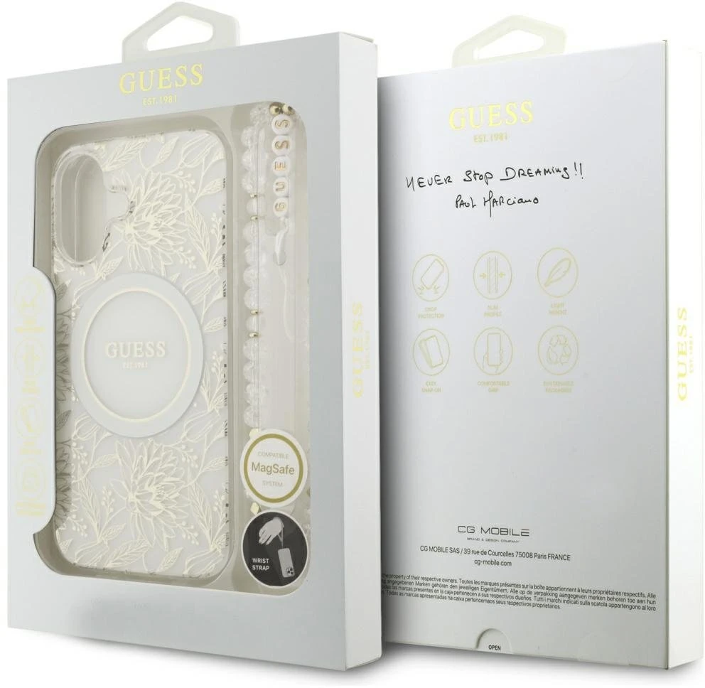 Guess IML Flowers Allover virvelė MagSafe dėklas skirtas Apple iPhone 17 baltos spalvos