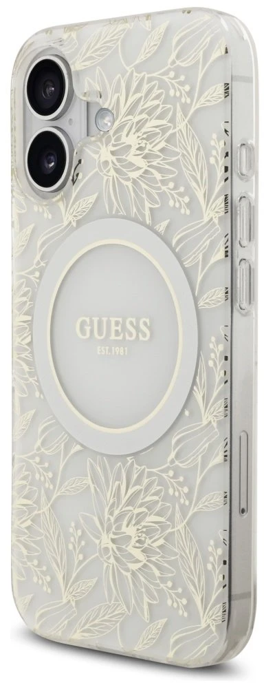 Guess IML Flowers Allover virvelė MagSafe dėklas skirtas Apple iPhone 17 baltos spalvos