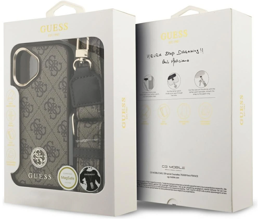 Guess 4G Strass Logo & Big Strap Metal Mygtukai MagSafe dėklas skirtas Apple iPhone 17 Brown