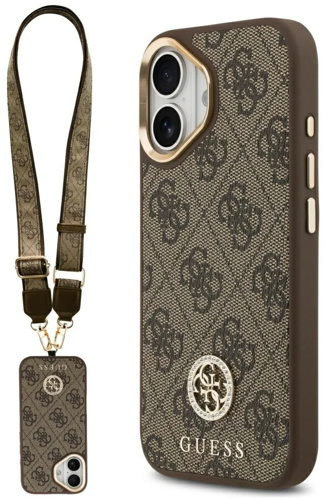 Guess 4G Strass Logo & Big Strap Metal Mygtukai MagSafe dėklas skirtas Apple iPhone 17 Brown