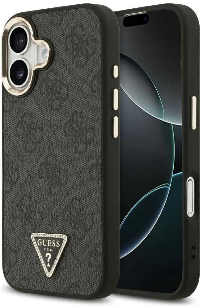 Guess PU Leather 4G Triangle Logo Gold Frame MagSafe dėklas skirtas Apple iPhone 17 juodos spalvos