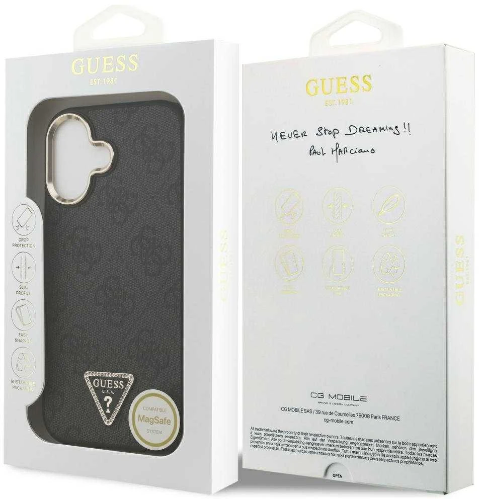 Guess PU Leather 4G Triangle Logo Gold Frame MagSafe dėklas skirtas Apple iPhone 17 juodos spalvos