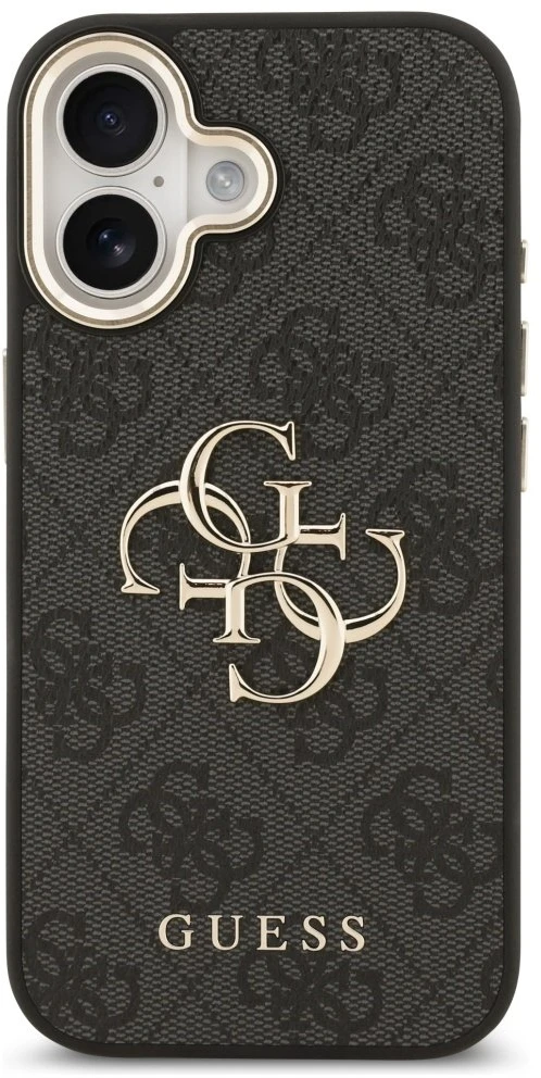 Guess PU Leather 4G Metal Logo Gold Frame dėklas skirtas Apple iPhone 17 juodos spalvos