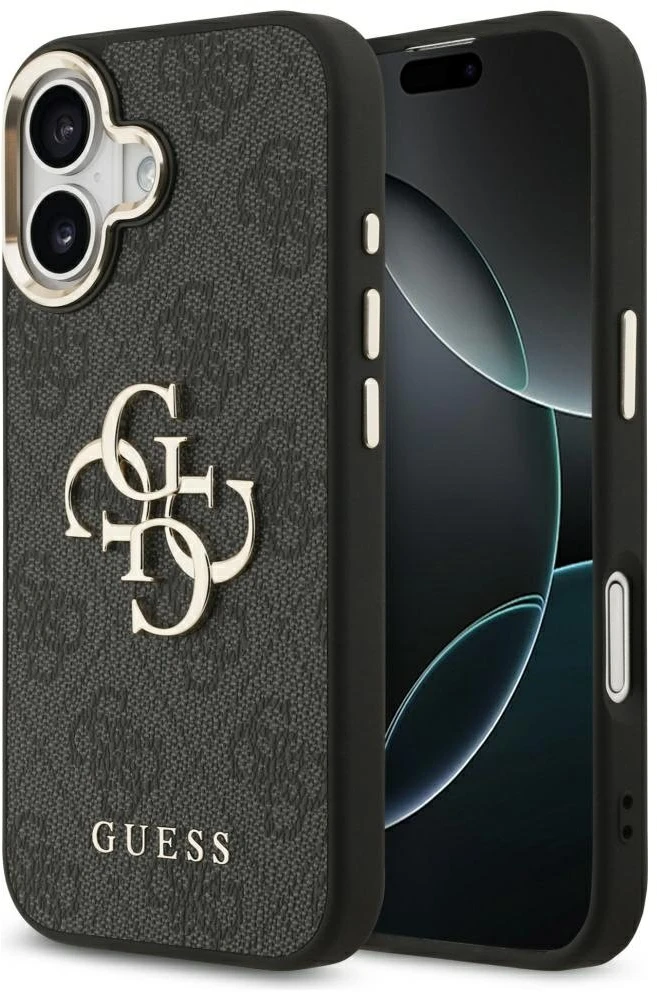 Guess PU Leather 4G Metal Logo Gold Frame dėklas skirtas Apple iPhone 17 juodos spalvos