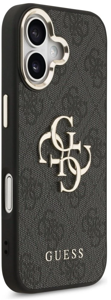 Guess PU Leather 4G Metal Logo Gold Frame dėklas skirtas Apple iPhone 17 juodos spalvos