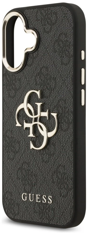 Guess PU Leather 4G Metal Logo Gold Frame dėklas skirtas Apple iPhone 17 juodos spalvos