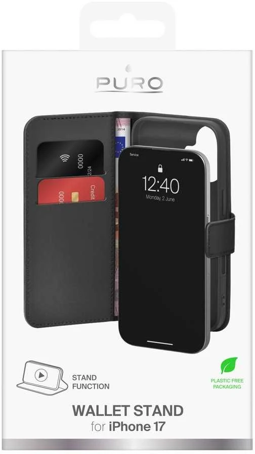 Puro Wallet Stand dėklas skirtas Apple iPhone 17 made of eco-leather, with a flap, wallet and stand function - juodos spalvos