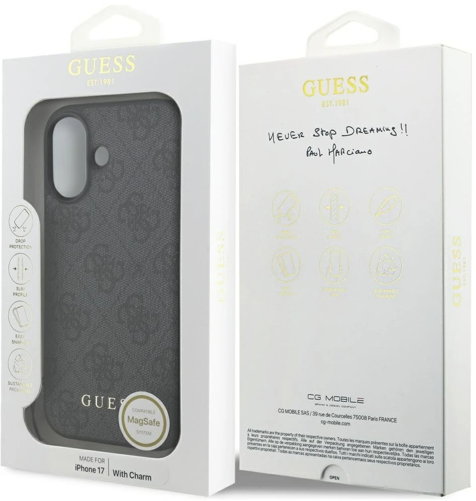 Guess 4G Charm dėklas skirtas Apple iPhone 17 Tone on Tone pilkos spalvos