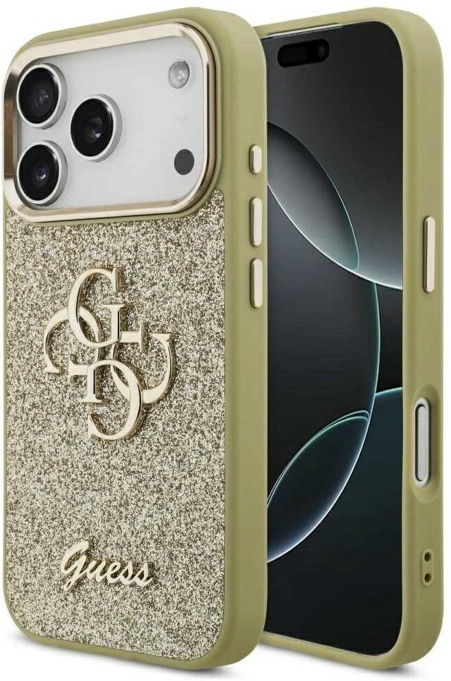 Guess Fixed Glitter Big 4G Metal Frame dėklas skirtas Apple iPhone 17 Pro aukso spalvos