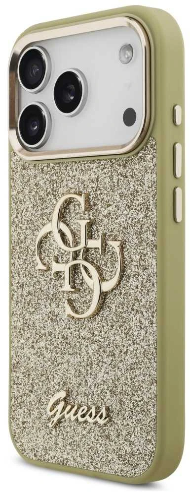 Guess Fixed Glitter Big 4G Metal Frame dėklas skirtas Apple iPhone 17 Pro aukso spalvos