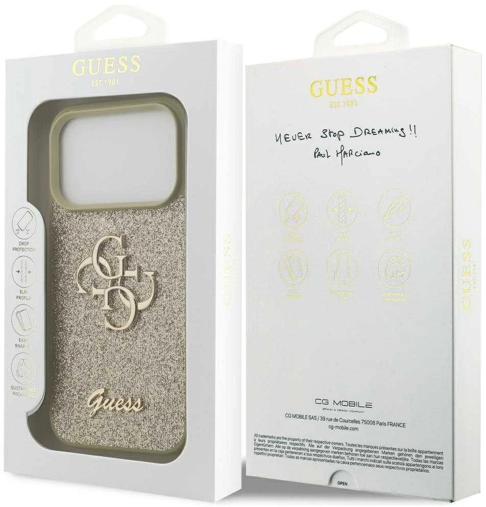 Guess Fixed Glitter Big 4G dėklas skirtas Apple iPhone 17 Pro auksinis