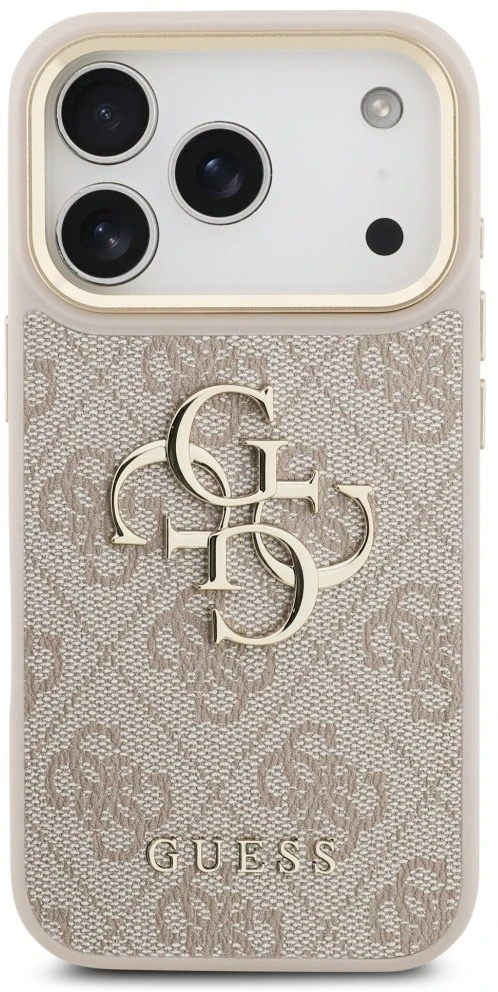 Guess PU Leather 4G Metal Logo Gold Frame dėklas skirtas Apple iPhone 17 Pro rožinės spalvos