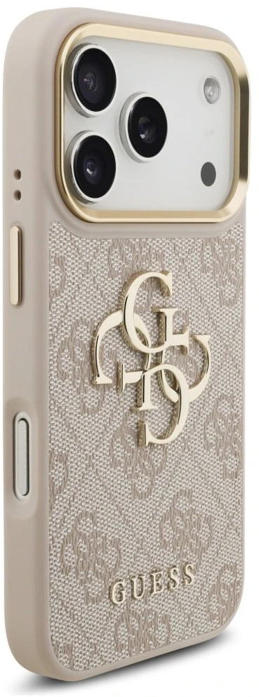 Guess PU Leather 4G Metal Logo Gold Frame dėklas skirtas Apple iPhone 17 Pro rožinės spalvos