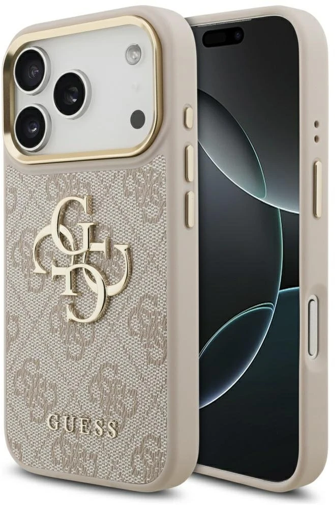 Guess PU Leather 4G Metal Logo Gold Frame dėklas skirtas Apple iPhone 17 Pro rožinės spalvos